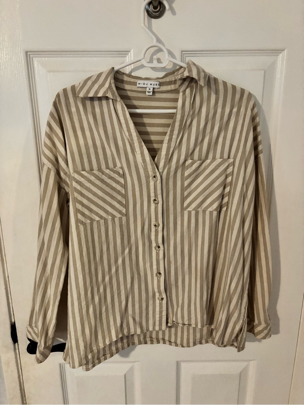 Miou Muse Beige & White Striped Button-Down Shirt